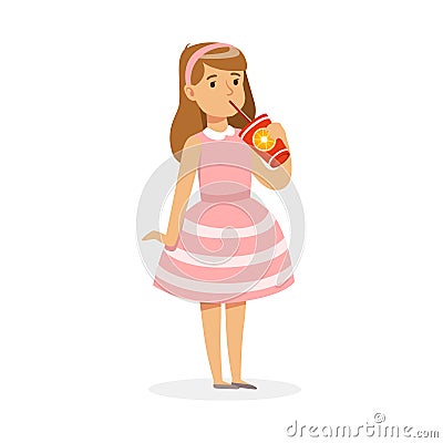 Cute girl in pink dress drinking a fresh juice through a straw, colorful character vector Illustration Vector Illustration