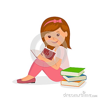 Cute girl in pink is sitting and reading a book. Concept design back to school in a flat style. Vector Illustration