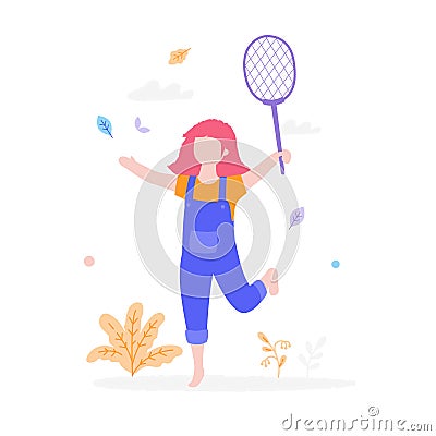 Cute girl playing badminton outdoors in the park isolated on white background. Children activity concept, summer flat Vector Illustration