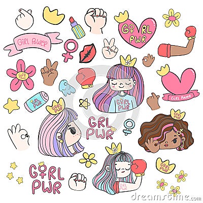 Cute Girl Power Pastel Cartoon Doodle Feminist Set. Colorful Hand Drawn Feminist Art and Empowerment Illustrations Vector Illustration