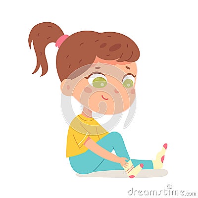 Cute girl putting on sock, isolated adorable kid sitting on floor to put foot underwear Vector Illustration