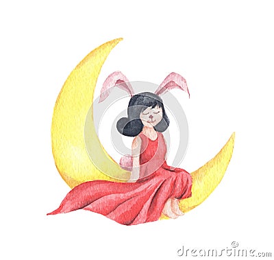 Cute girl rabbit sitting on the crescent moon. Watercolor illustration Cartoon Illustration