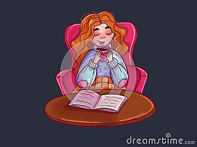 cute girl reading a book on a dark background Cartoon Illustration