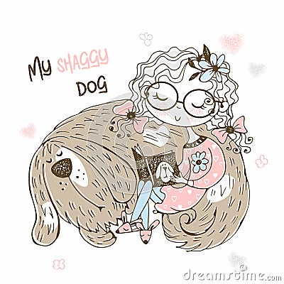 A cute girl is reading a book next to her shaggy dog. Vector Vector Illustration