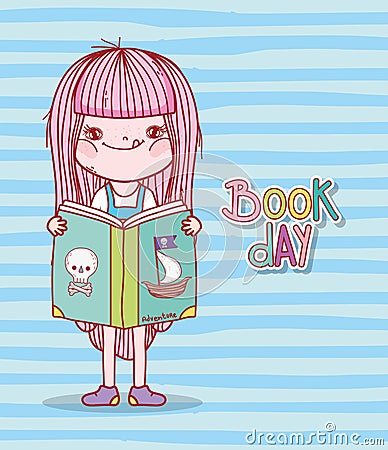 Cute girl reading book of pirates cartoon stripes background Vector Illustration