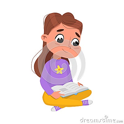 Cute Girl Reading Book while Sitting on Ffloor, Preschooler Kid or Elementary School Student Enjoying Literature Cartoon Vector Illustration