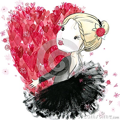Cute girl with red heart. Valentine day. Cartoon Illustration