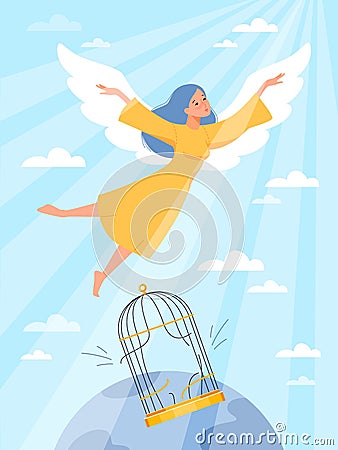 Cute girl is released from cage. Gaining freedom, life change process, angel flies to sun, emancipation day, exceed Vector Illustration