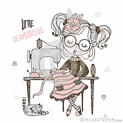 Cute girl seamstress sews on a sewing machine dress. Doodle style. Vector Stock Photo