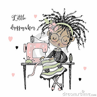 Cute girl seamstress sews on a sewing machine dress. Doodle style. Vector Vector Illustration