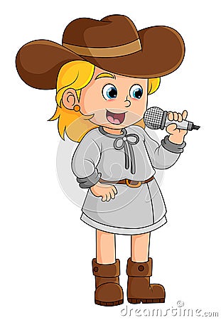 The cute girl is singing a country song while wearing a cowboy hat Vector Illustration