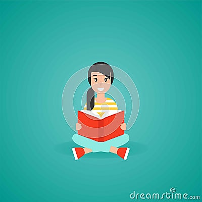 Cute girl siting with red book. creative student. study or education Cartoon Illustration