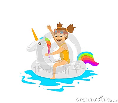 Cute girl sitting on swimming floating inflatable ring in shape of unicorn Vector Illustration