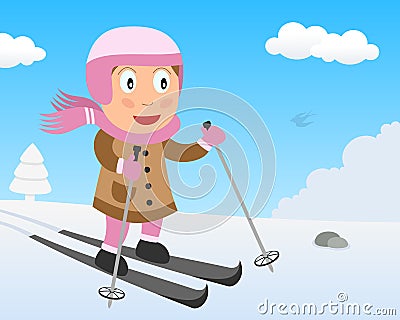 Cute Girl Skiing on the Snow in the Park Vector Illustration