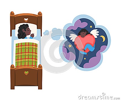 Cute Girl Sleeping in Bed and Dreaming About Angel with Red Heart in Starry Sky, Kid Lying in Bed Having Sweet Dreams Vector Illustration