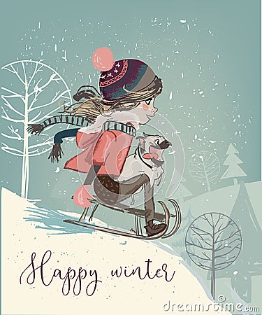 Cute girl on sleigh Vector Illustration