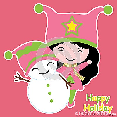 Cute girl and snowman cartoon, Xmas postcard, wallpaper, and greeting card Stock Photo