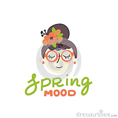 Cute girl with Spring mood lettering isolated Vector Illustration