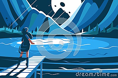 Cute girl stand on pier Vector Illustration