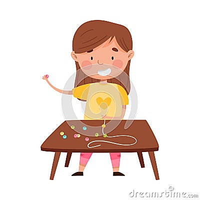 Cute Girl Standing at Table and Stringing Beads Vector Illustration Vector Illustration