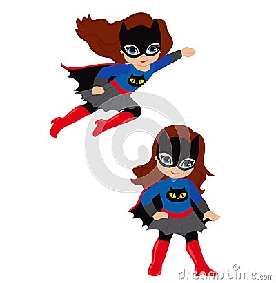 Cute Girl superhero in flight and in standing position. Vector Illustration