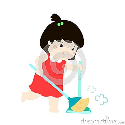 Cute girl sweeping the dust on a white background . Vector Illustration