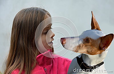 Girl talks to her podenco. The dog listens attentively Stock Photo