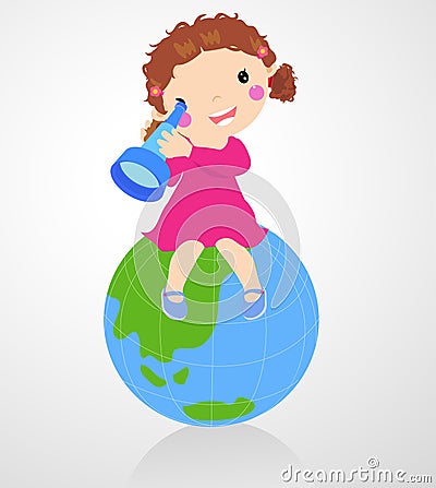 Cute girl with telescope Vector Illustration