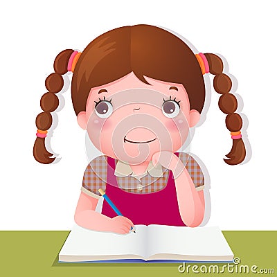 Cute girl thinking while working on her school project Vector Illustration