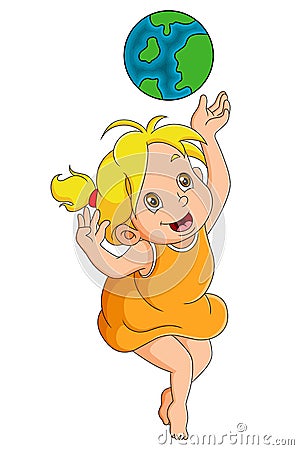 The cute girl is trying to catch the big earth above Vector Illustration