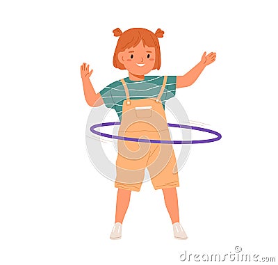 Cute girl twirling hula hoop around waist. Little smiling kid having fun with toy ring. Happy active carefree child at Vector Illustration