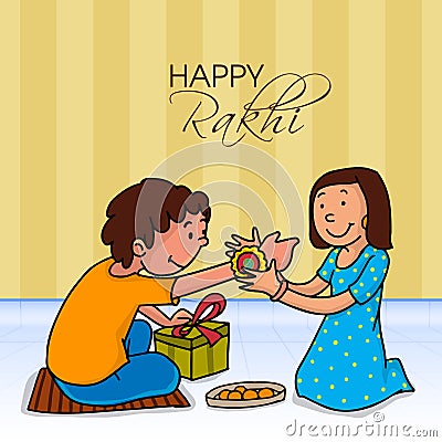 Cute girl tying Rakhi for Raksha Bandhan celebration. Stock Photo