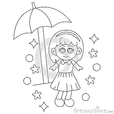 Cute girl with umbrella coloring page Stock Photo