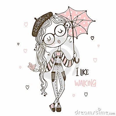 Cute girl with umbrella walking. I like walking. Title. Vector Stock Photo