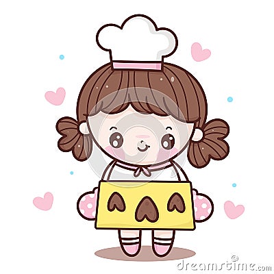 Cute girl vector Chef cartoon bake heart cookie cooking bakery shop logo for kid dessert homemade food kawaii character Vector Illustration