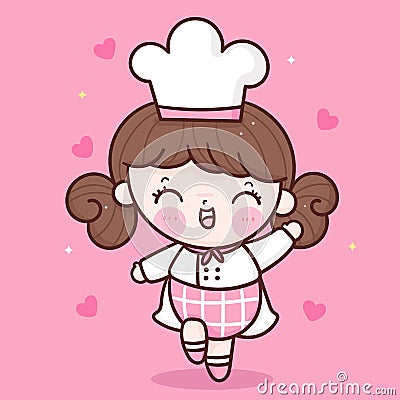 Cute girl vector Chef cartoon greeting action kawaii bakery shop logo for kid dessert homemade food Vector Illustration