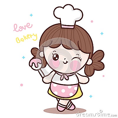 Cute girl vector Chef cartoon greeting holding spoon Kawaii bakery shop logo for kid dessert homemade food Vector Illustration