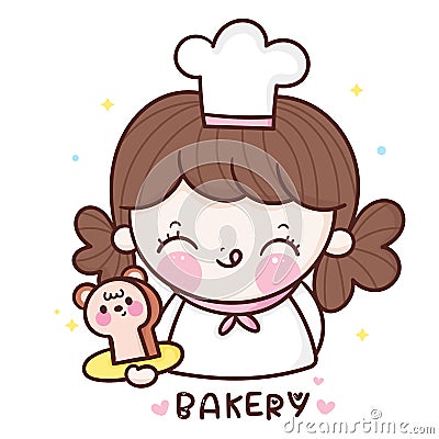 Cute girl vector Chef cartoon holding bear bread Kawaii bakery shop logo for kid dessert homemade food Vector Illustration