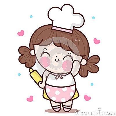 Cute girl vector Chef cartoon smile kawaii bakery shop logo for kid dessert homemade food Vector Illustration