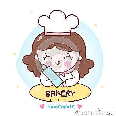 Cute girl vector Kawaii bakery shop logo cartoon kid dessert: Series Sweet Chef cooking homemade, Girly doodle Vector Illustration