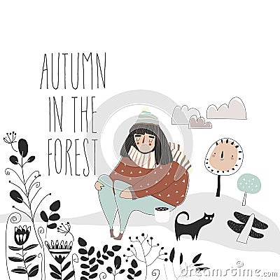 Cute girl walking in the forest. Hello autumn Vector Illustration