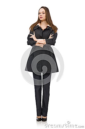 Cute girl in warm dark coat isolated on white Stock Photo