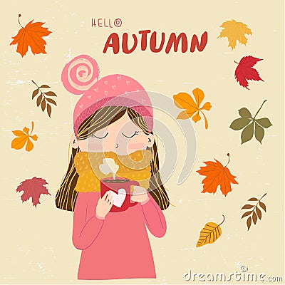 A cute girl in warm sweater with scarf holding coffee cup with hello autumn message. Vector Illustration