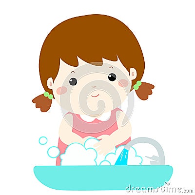 Cute girl washing hands . Vector Illustration