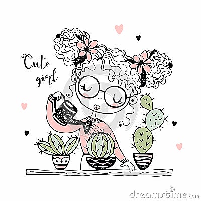 Cute girl is watering the cacti in pots. Vector Stock Photo