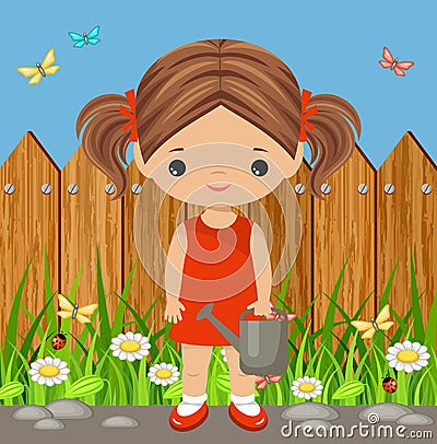 Cute girl with a watering can. Gardening Vector Illustration