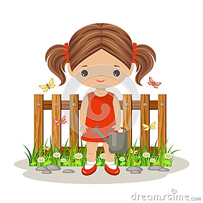 Cute girl with a watering can. Gardening Vector Illustration