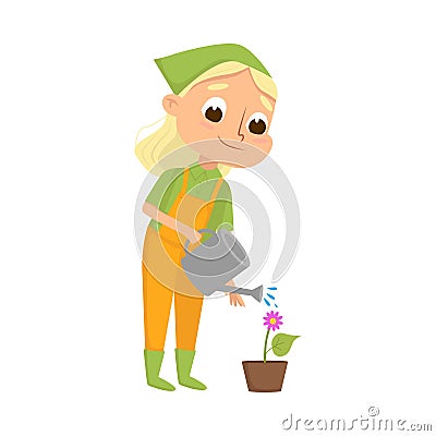 Cute Girl Watering Flower in Flowerpot, Little Kid Farmer Character in Overalls Working in Garden Cartoon Style Vector Vector Illustration