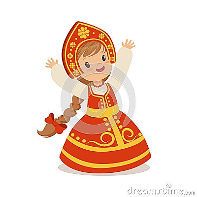 Cute girl wearing red sarafan and kokoshnik, national costume of Russia colorful character vector Illustration Vector Illustration