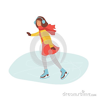 Cute girl wearing warm winter clothes ice skating on frozen surface. Young Woman Figure Skating on Ice rink . Winter Fun Sport Vector Illustration